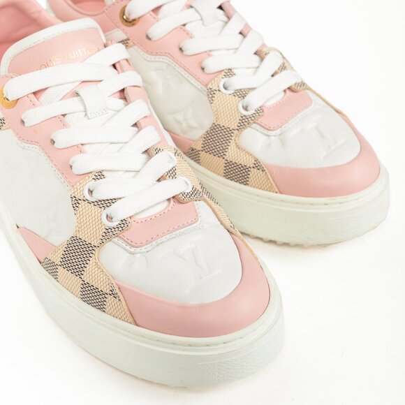 Louis Vuitton Time Out Rose Clair Pink Embossed-Calfskin & Damier Azur Sneakers - Picture 6 of 12